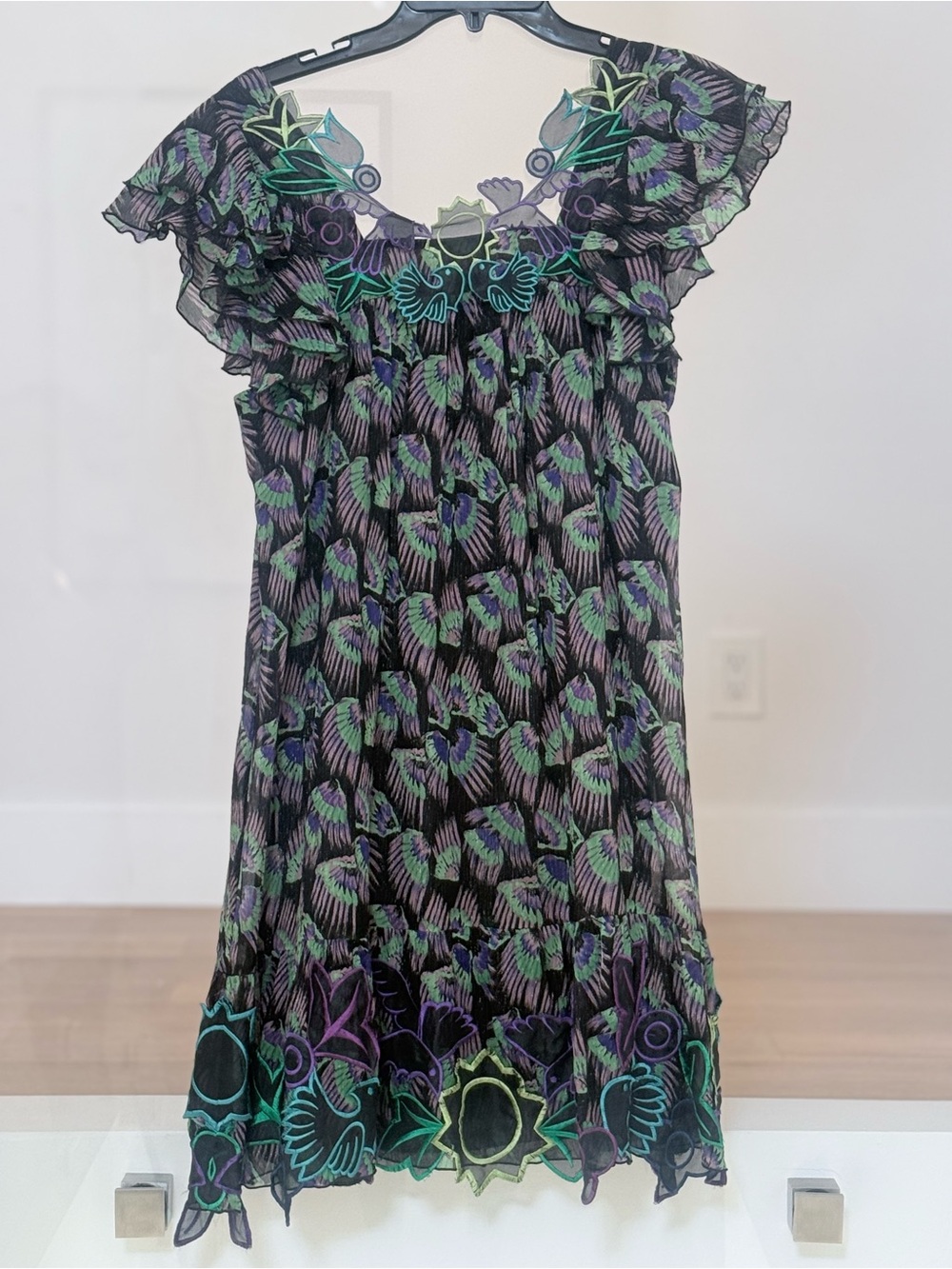 Anna Sui Black Floral Ruffle Dress with Green and Purple Accents